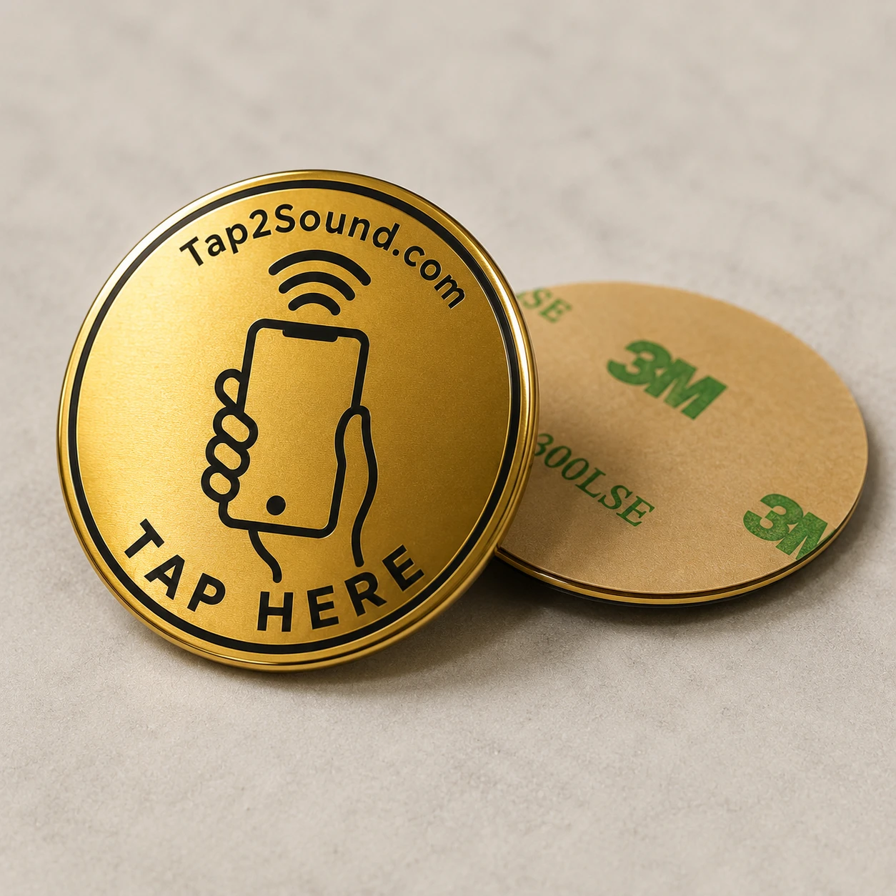 Etiqueta NFC Tap2Sound: anverso y reverso con adhesivo 3M